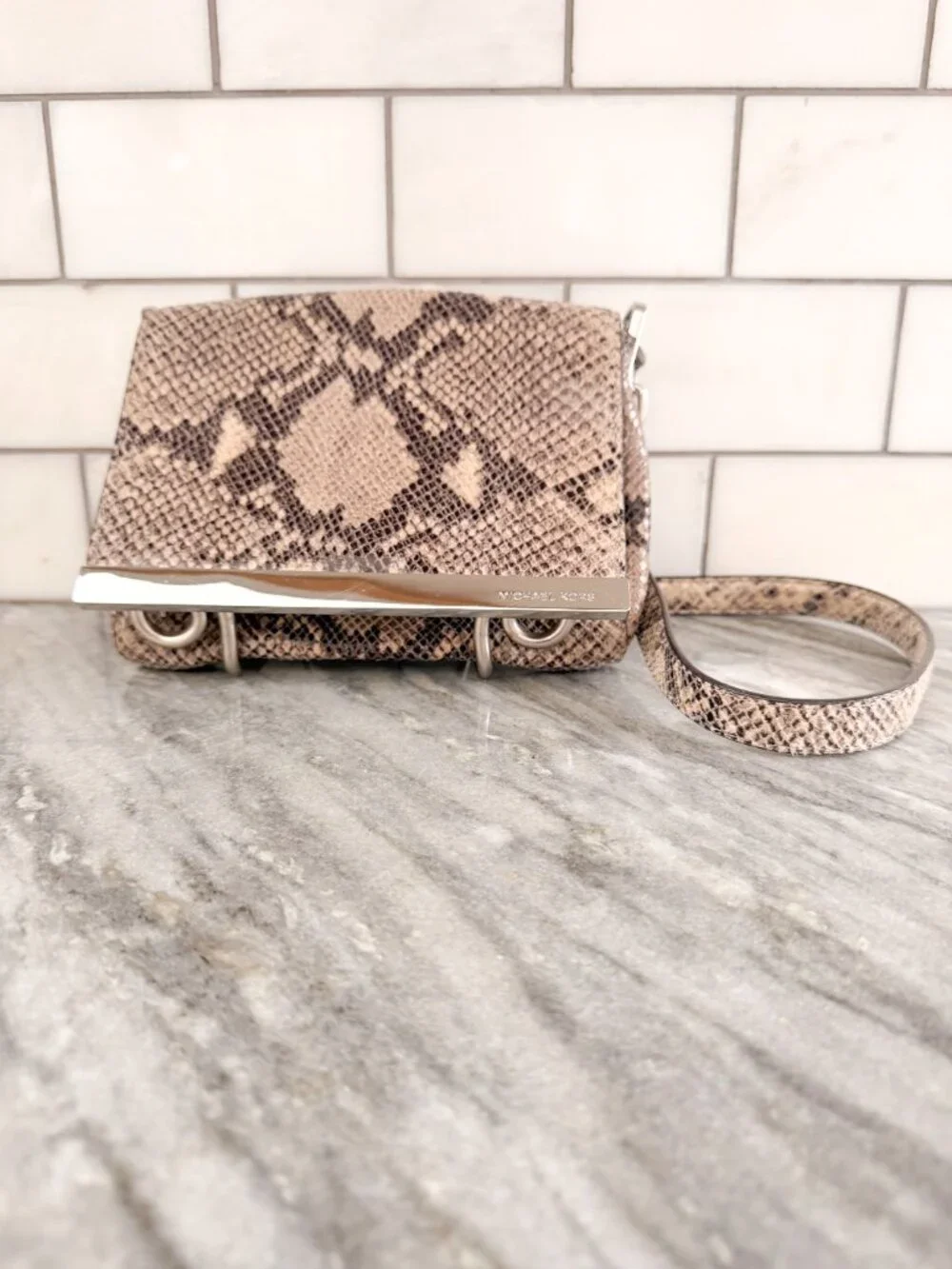 Michael Kors Neutral Snake Print Flap Crossbody Bag Silver Chain Accent